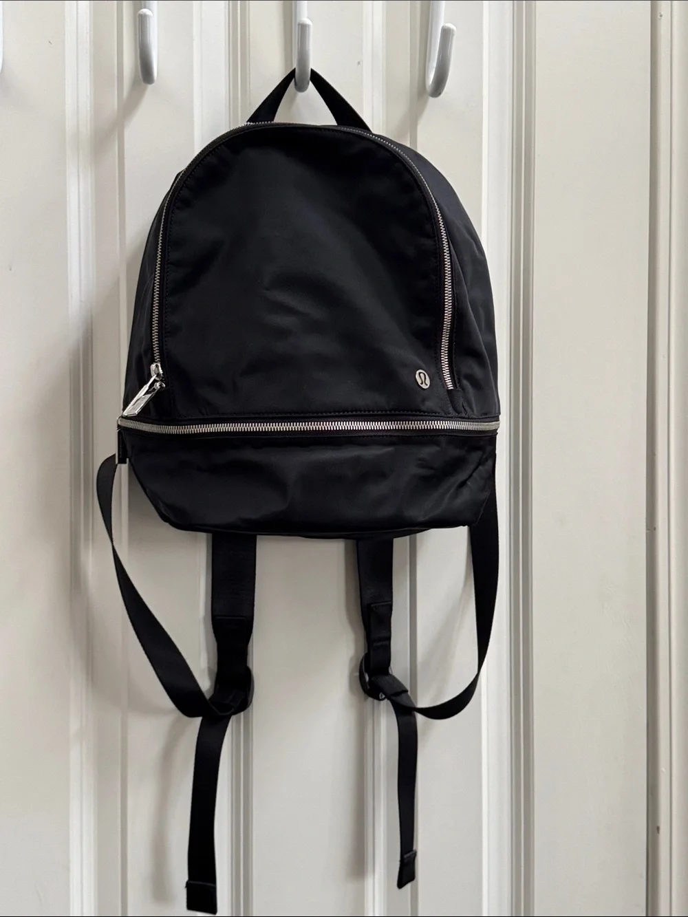 lululemon athletica Black Nylon Zip-Front Backpack with Silver Hardware